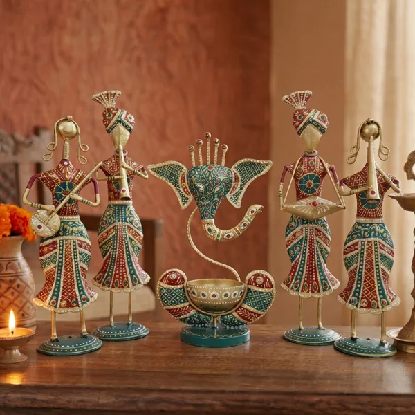 Handcrafted_Metal_Rajasthani_Tribal_Musician_Showpiece_with_Ganesh_Urli_Diya_Set_Five_(13_Inch)