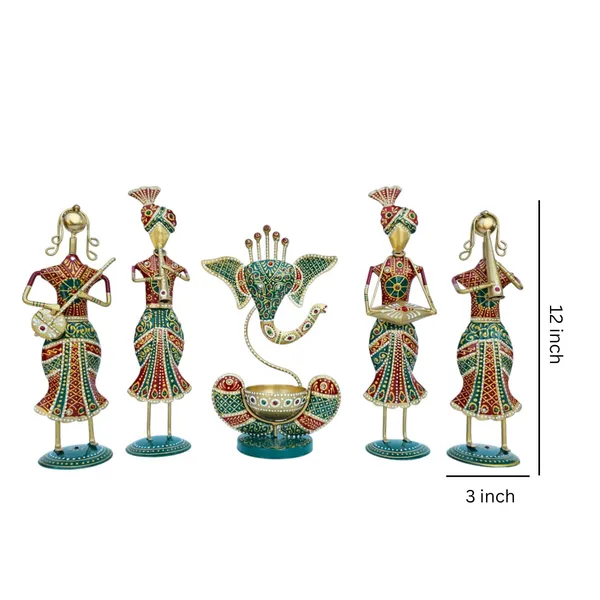 Handcrafted_Metal_Rajasthani_Tribal_Musician_Showpiece_with_Ganesh_Urli_Diya_Set_Five_(13_Inch)