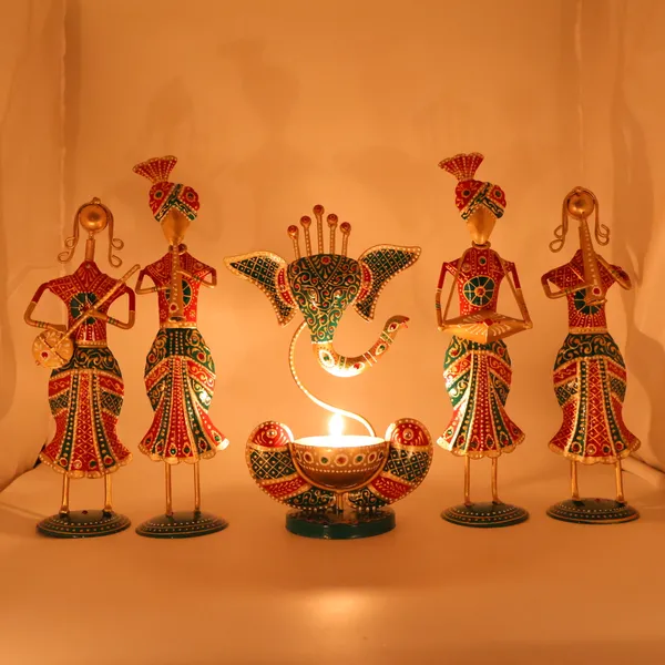 Handcrafted_Metal_Rajasthani_Tribal_Musician_Showpiece_with_Ganesh_Urli_Diya_Set_Five_(13_Inch)