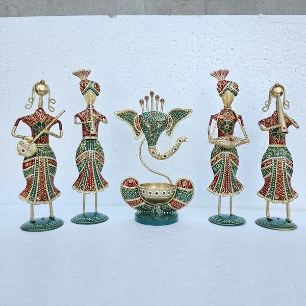 Handcrafted_Metal_Rajasthani_Tribal_Musician_Showpiece_with_Ganesh_Urli_Diya_Set_Five_(13_Inch)