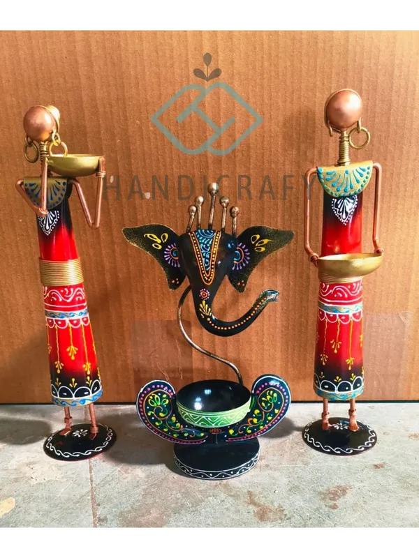 Ganesha_T_light_combo(Three_Piece_)_Iron_Tribal_Lady_showpieces_Ladies_Doll_Figurine_Statue_Decorative_Items