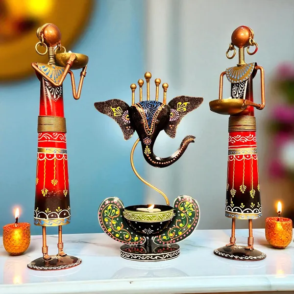 Ganesha_T_light_combo(Three_Piece_)_Iron_Tribal_Lady_showpieces_Ladies_Doll_Figurine_Statue_Decorative_Items