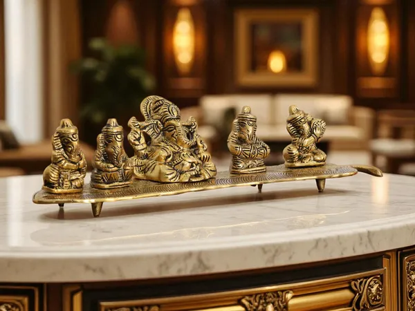White_Metal_Gold_Plated_Ganesha_On_Leaf_With_Musical_Instrument_Metal_Statue_For_Pooja
