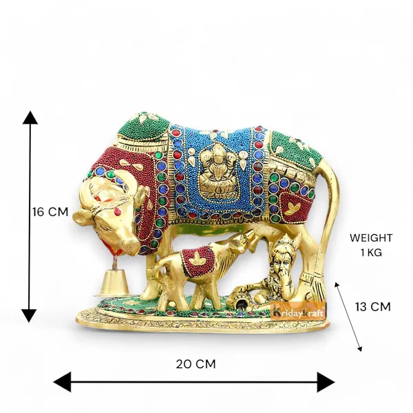KridayKraft_Gold_Plated_Kamdhenu_Cow_with_Calf_Metal_Statue_for_Good_Luck_Feng_Shui_&_Vastu_Showpiece_As_Table_Top_Religious_Idol_Gau_MATA,_20_cm,_13_cm