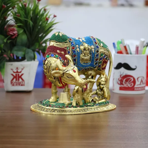 KridayKraft_Gold_Plated_Kamdhenu_Cow_with_Calf_Metal_Statue_for_Good_Luck_Feng_Shui_&_Vastu_Showpiece_As_Table_Top_Religious_Idol_Gau_MATA,_20_cm,_13_cm