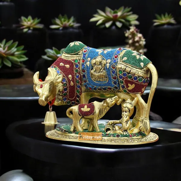 KridayKraft_Gold_Plated_Kamdhenu_Cow_with_Calf_Metal_Statue_for_Good_Luck_Feng_Shui_&_Vastu_Showpiece_As_Table_Top_Religious_Idol_Gau_MATA,_20_cm,_13_cm