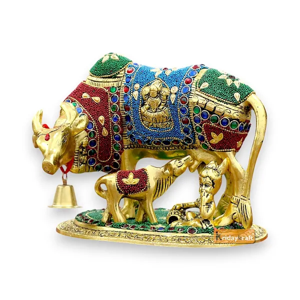 KridayKraft_Gold_Plated_Kamdhenu_Cow_with_Calf_Metal_Statue_for_Good_Luck_Feng_Shui_&_Vastu_Showpiece_As_Table_Top_Religious_Idol_Gau_MATA,_20_cm,_13_cm