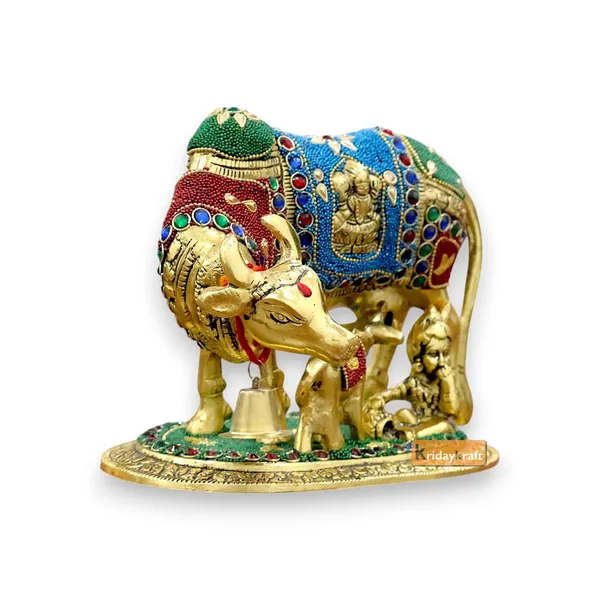 KridayKraft_Gold_Plated_Kamdhenu_Cow_with_Calf_Metal_Statue_for_Good_Luck_Feng_Shui_&_Vastu_Showpiece_As_Table_Top_Religious_Idol_Gau_MATA,_20_cm,_13_cm