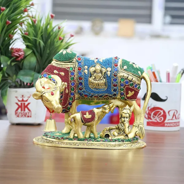 KridayKraft_Gold_Plated_Kamdhenu_Cow_with_Calf_Metal_Statue_for_Good_Luck_Feng_Shui_&_Vastu_Showpiece_As_Table_Top_Religious_Idol_Gau_MATA,_20_cm,_13_cm
