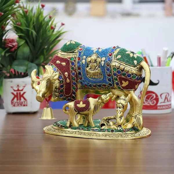 KridayKraft_Gold_Plated_Kamdhenu_Cow_with_Calf_Metal_Statue_for_Good_Luck_Feng_Shui_&_Vastu_Showpiece_As_Table_Top_Religious_Idol_Gau_MATA,_20_cm,_13_cm