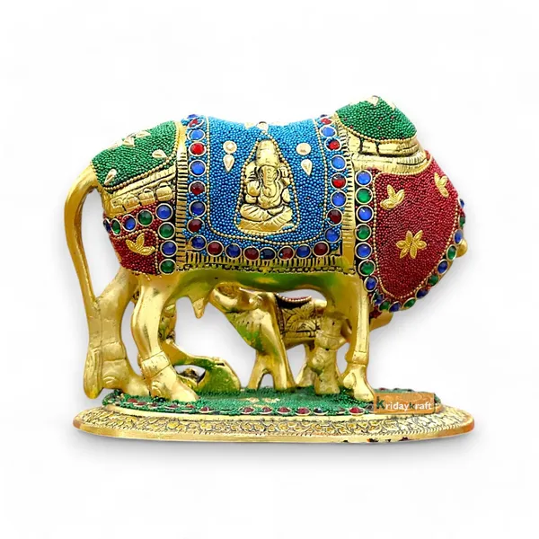 KridayKraft_Gold_Plated_Kamdhenu_Cow_with_Calf_Metal_Statue_for_Good_Luck_Feng_Shui_&_Vastu_Showpiece_As_Table_Top_Religious_Idol_Gau_MATA,_20_cm,_13_cm