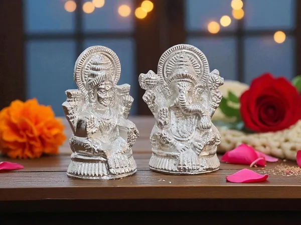KridayKraft_Metal_Lakshmi_&_Ganesha_Idol_Pair_Silver-Finish_Mini_Statues_(7.5_cm_×_4_cm_Each),_160_g_Auspicious_Home_Puja_Decor_&_Diwali_Gift