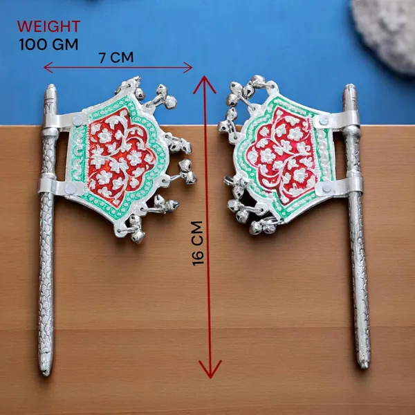 Traditional_God_Fan,_Silver-Plated_Metal_with_Red_and_Green_Enamel_Work,Metal_Hand_Fan_for_God_Idol_Pankhi_with_Mennakari
