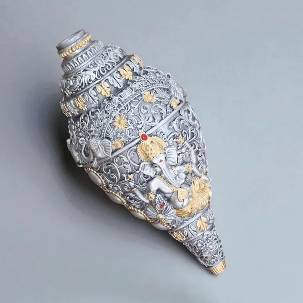 KridayKraft_Decorative_Lord_Ganesha_Shank,_Silver_-Toned,_Conch_Shell_for_Wealth,_Prosperity_and_Good_Luck_Intricate_Design,_12_(5")_cm_x_6_cm