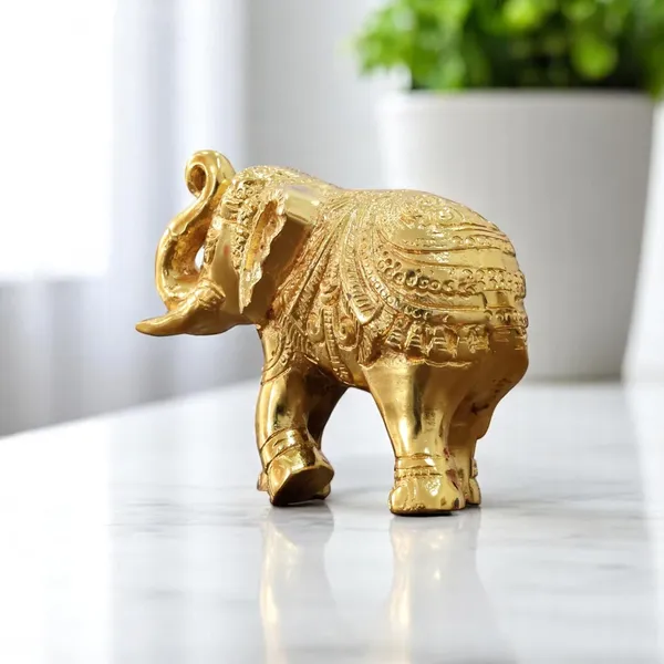 KridayKraft_Decorative_Golden_Elephant_Statue_Trunk_up_Metal_Figurine,_12_cm_x_9.5_cm_x_6_cm,_400_gm,_Traditional_Design