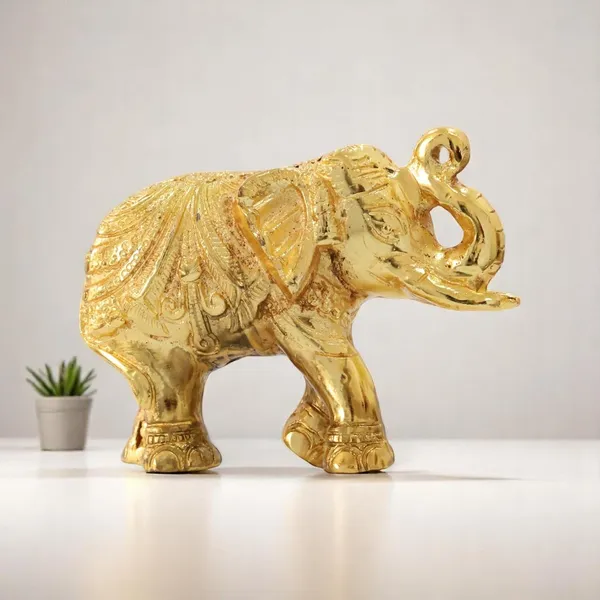 KridayKraft_Decorative_Golden_Elephant_Statue_Trunk_up_Metal_Figurine,_12_cm_x_9.5_cm_x_6_cm,_400_gm,_Traditional_Design
