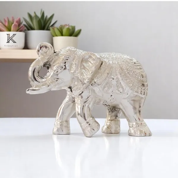 KridayKraft_Decorative_Silver_Elephant_Trunkup_Silver_Plated_Statue,_12_cm_x_9.5_cm,_400_gm,_Intricately_Carved_Metal_Figurine