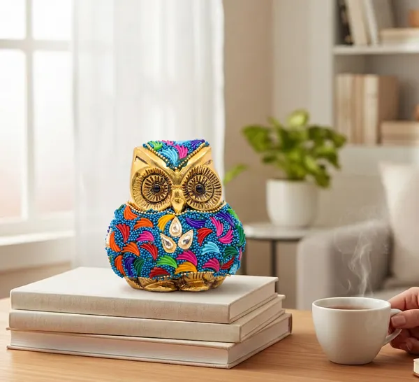 Kridaykraft_Decorative_Owl_Showpiece_–_Gold-Finish_Tabletop_Figurine_with_Vibrant_Embellishments,_Handcrafted_Small_Statue_for_Home_Decor,_Office_Desk,_Living_Room,_and_Shelf_Decoration.