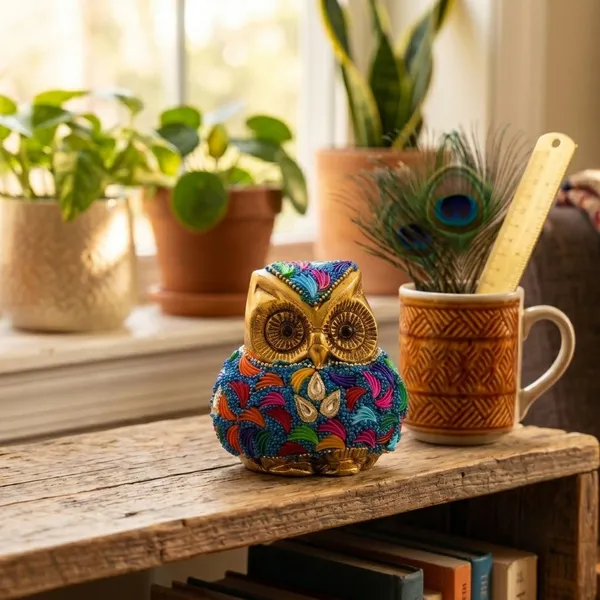 Kridaykraft_Decorative_Owl_Showpiece_–_Gold-Finish_Tabletop_Figurine_with_Vibrant_Embellishments,_Handcrafted_Small_Statue_for_Home_Decor,_Office_Desk,_Living_Room,_and_Shelf_Decoration.