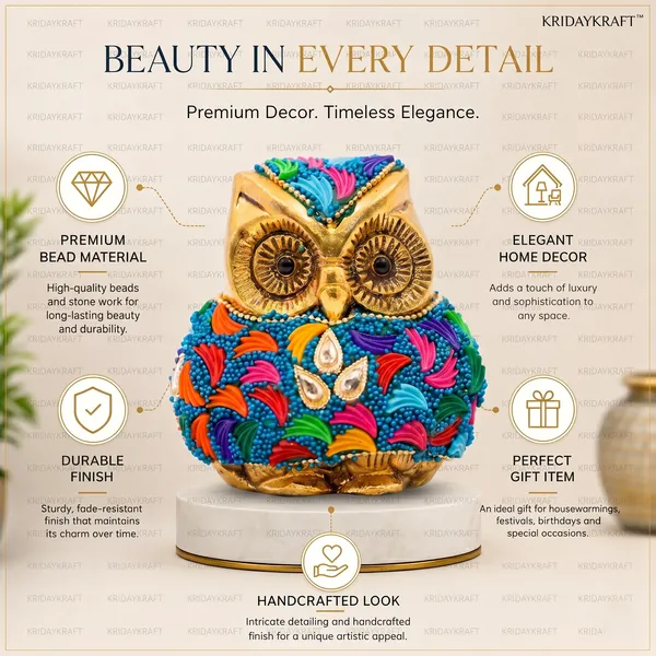Kridaykraft_Decorative_Owl_Showpiece_–_Gold-Finish_Tabletop_Figurine_with_Vibrant_Embellishments,_Handcrafted_Small_Statue_for_Home_Decor,_Office_Desk,_Living_Room,_and_Shelf_Decoration.