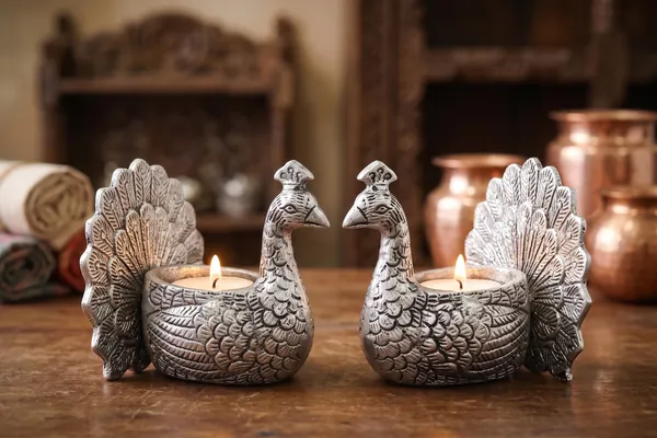 Kridaykraft_Peacock_Tealight_Candle_Holder_Pair,_Metallic_Silver_Decorative_Figurine_for_Home_Décor,_Table_Centerpiece_for_Diwali,_Weddings,_and_Festivals.
