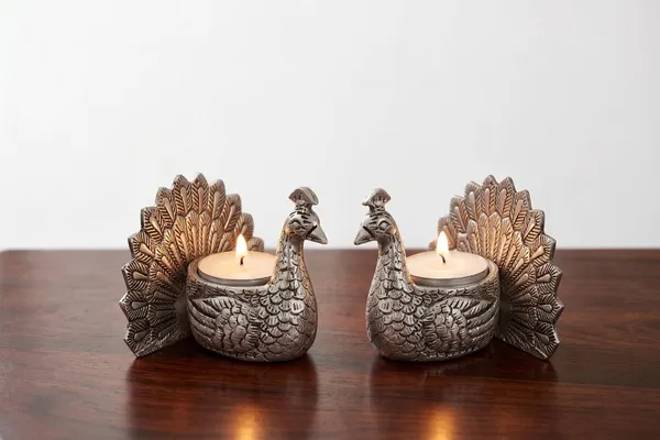 Kridaykraft_Peacock_Tealight_Candle_Holder_Pair,_Metallic_Silver_Decorative_Figurine_for_Home_Décor,_Table_Centerpiece_for_Diwali,_Weddings,_and_Festivals.