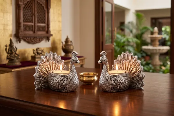 Kridaykraft_Peacock_Tealight_Candle_Holder_Pair,_Metallic_Silver_Decorative_Figurine_for_Home_Décor,_Table_Centerpiece_for_Diwali,_Weddings,_and_Festivals.