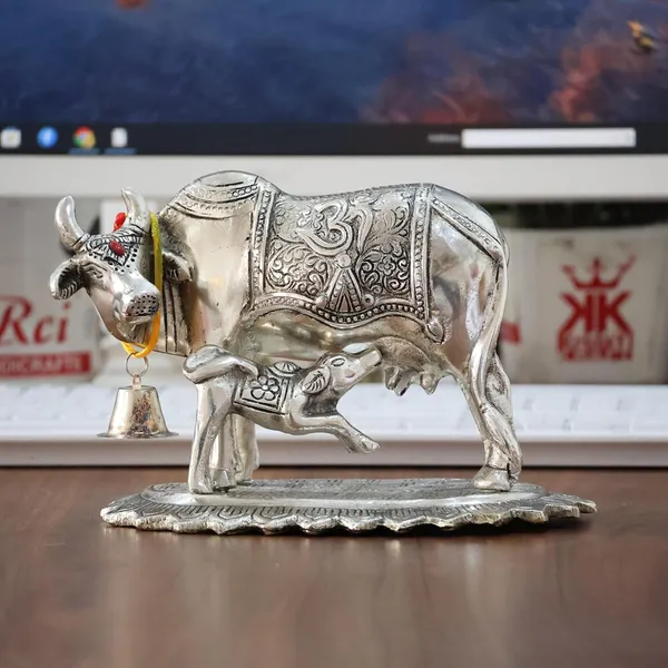 Metal_Om_Kamdhenu_Cow_and_Calf_Metal_Statue_for_Good_Luck,Feng_Shui_As_Table_Top_Figurine,Vastu,Religious_Gau_MATA_Idol_Home,Office&Table_Decorative,Animal