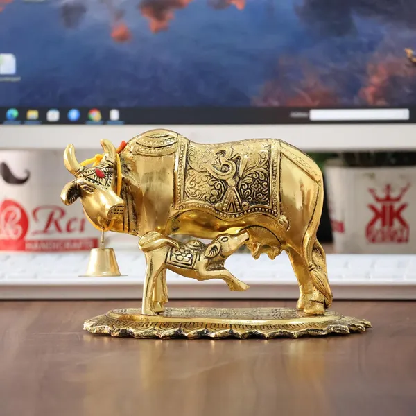 Metal_Om_Kamdhenu_Cow_and_Calf_Metal_Statue_for_Good_Luck,Feng_Shui_As_Table_Top_Figurine,Vastu,Religious_Gau_MATA_Idol_Home,Office&Table_Decorative,Animal