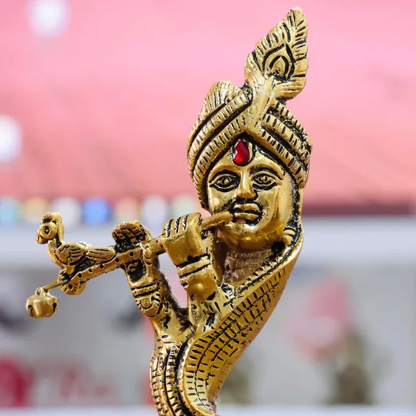 Pagdi_Krishna_with_Playing_Flute_Idol,_Gold-Toned_Metal_Decorative_Showpiece_Hindu_Religious_Art_Figurine,_Statue