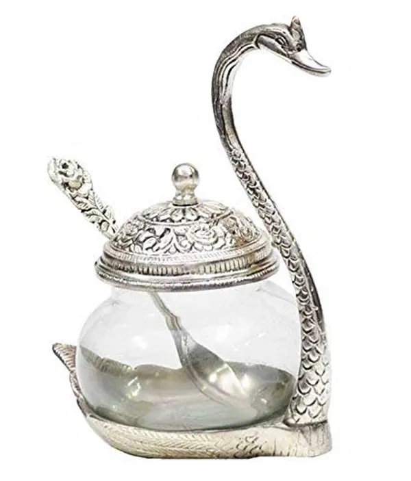 Prince_Home_Decor_&_Gifts_Aluminum_Duck_Shaped_Blue_Colored_Glass_Bowl_Tray_Set_with_Spoon_(11_x_15_x_11_cm,_Silver)