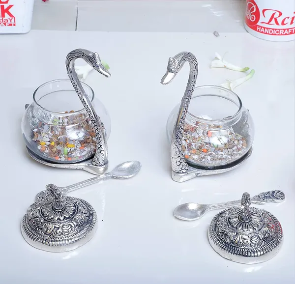 Metal_Kissing_Swan_(Duck)_Glass_Bowl_with_Spoon_for_Saunf_Supari_Tray,_Dry_Fruit_and_Candy,Mukhwas_Traditional_Serving_Bowl_Set,Pack_of_2_Pieces,Animal_Showpiece_Figurine_&_Gifting_idol...