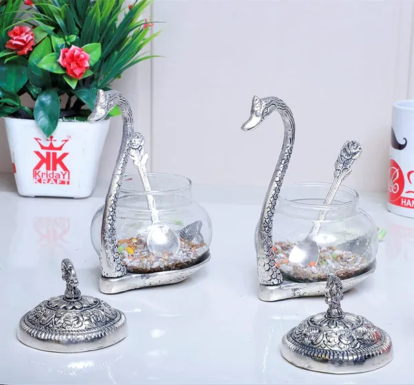 Metal_Kissing_Swan_(Duck)_Glass_Bowl_with_Spoon_for_Saunf_Supari_Tray,_Dry_Fruit_and_Candy,Mukhwas_Traditional_Serving_Bowl_Set,Pack_of_2_Pieces,Animal_Showpiece_Figurine_&_Gifting_idol...