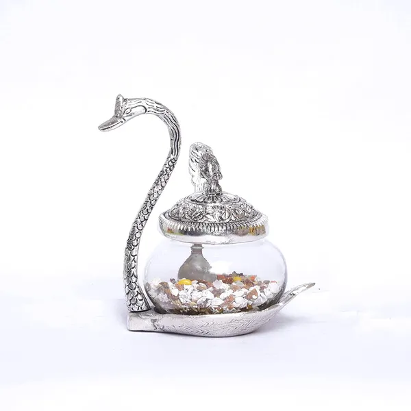 Aluminium_swan_Duck_with_Transparent_Glass_Bowl_Set_with_Spoon_and_lid_(Silver)