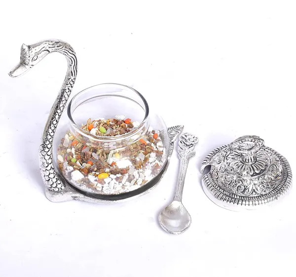Aluminium_swan_Duck_with_Transparent_Glass_Bowl_Set_with_Spoon_and_lid_(Silver)