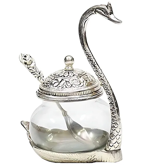 Aluminium_swan_Duck_with_Transparent_Glass_Bowl_Set_with_Spoon_and_lid_(Silver)