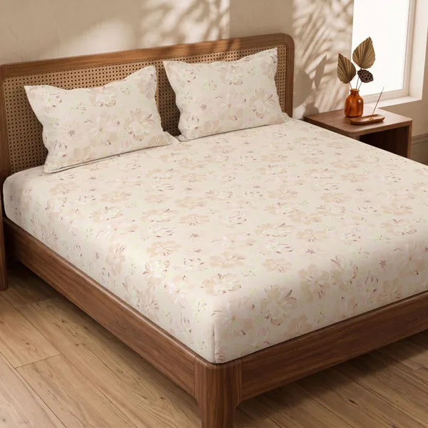 144_TC_Double_Bedsheet_Cotton_with_2_Pillow_Covers_|_Moccasin,_Pastle_orange_&_Antique_White