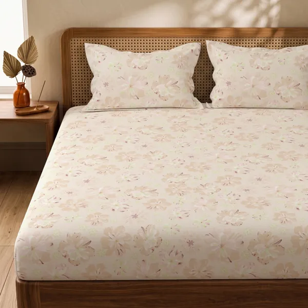 144_TC_Double_Bedsheet_Cotton_with_2_Pillow_Covers_|_Moccasin,_Pastle_orange_&_Antique_White