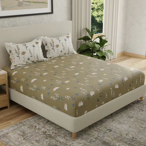 144_TC_Cotton_Bedsheet_for_Double_Bed_King_Size_with_2_Pillow_Covers_|_Olive_Green,_White
