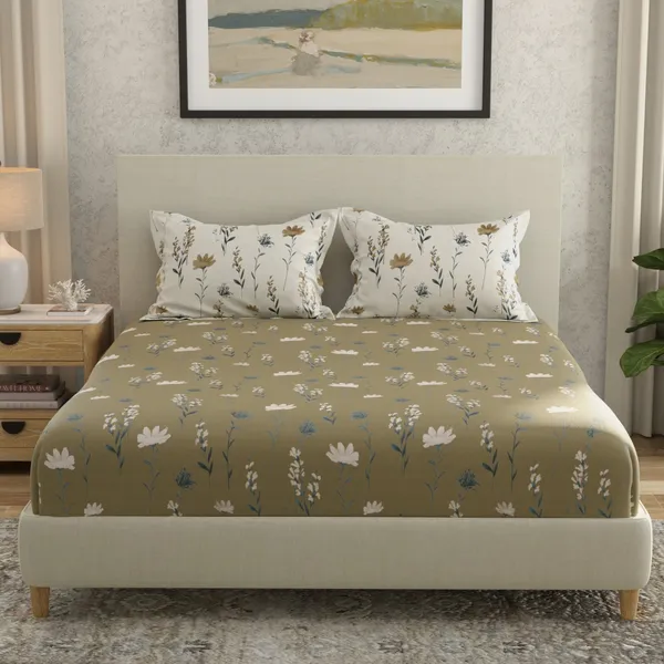 144_TC_Cotton_Bedsheet_for_Double_Bed_King_Size_with_2_Pillow_Covers_|_Olive_Green,_White