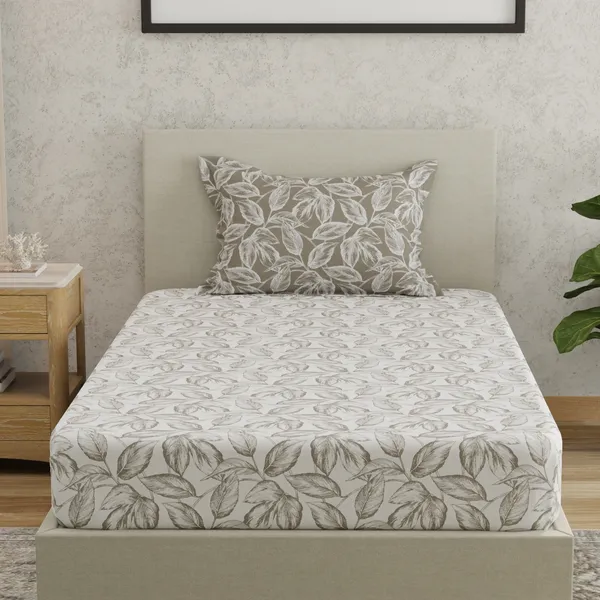 144_TC_Bedsheet_for_Single_Bed_with_1_Pillow_Cover_|_White_&_Antique_Pewter_Leaves