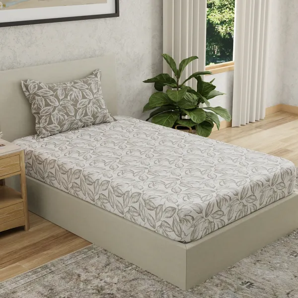 144_TC_Bedsheet_for_Single_Bed_with_1_Pillow_Cover_|_White_&_Antique_Pewter_Leaves