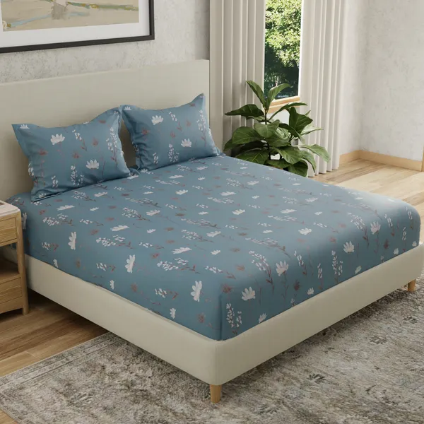 144_TC_Cotton_Bedsheet_for_Double_Bed_King_Size_with_2_Pillow_Covers_|_Blue,_White_&_Grey