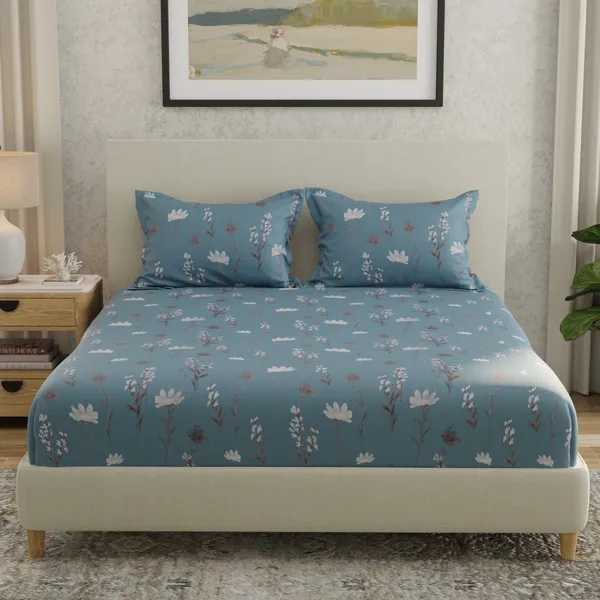 144_TC_Cotton_Bedsheet_for_Double_Bed_King_Size_with_2_Pillow_Covers_|_Blue,_White_&_Grey