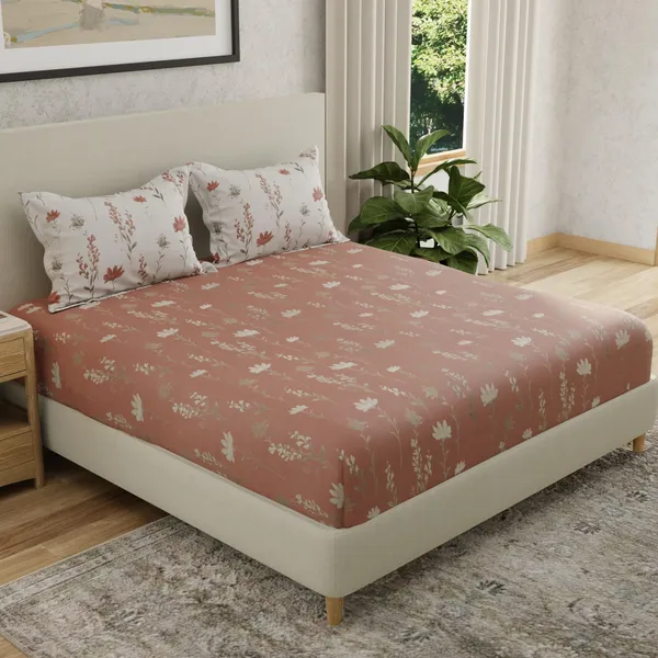 144_TC_Cotton_Elastic_Fitted_Bedsheets_King_Size_with_2_Pillow_Covers_|_72_x_78_inches_|_Rust_&_White