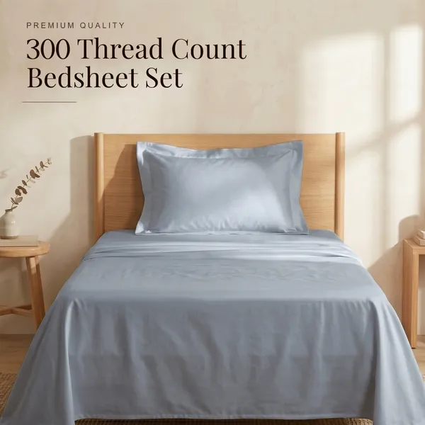 300_TC_Premium_Cotton_Sateen_Weave_Single_Bedsheet_Set_with_1_Pillow_Cover_|_Greyish_Blue_|88_x_55_Inches