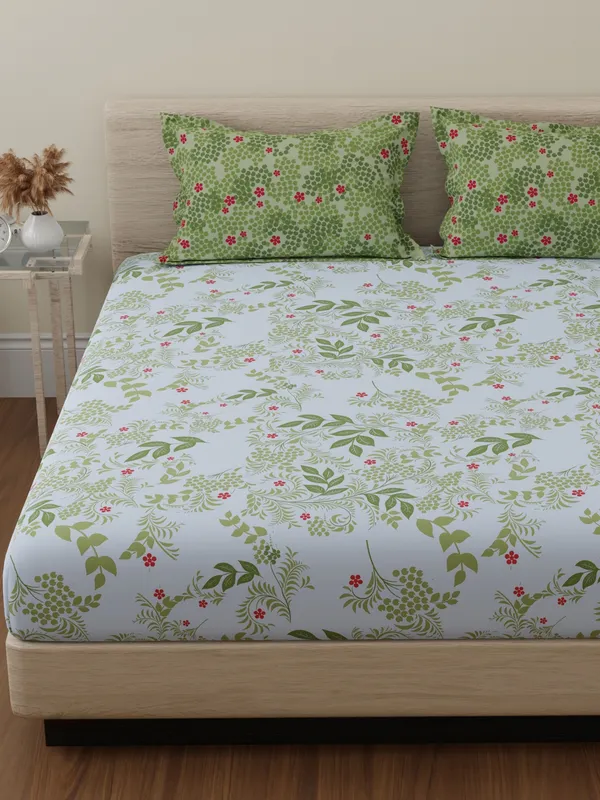 144_TC_Cotton_Bedsheet_for_Double_Bed_with_2_Pillow_Covers_|_Botanical_Bliss_|_White_&_Green