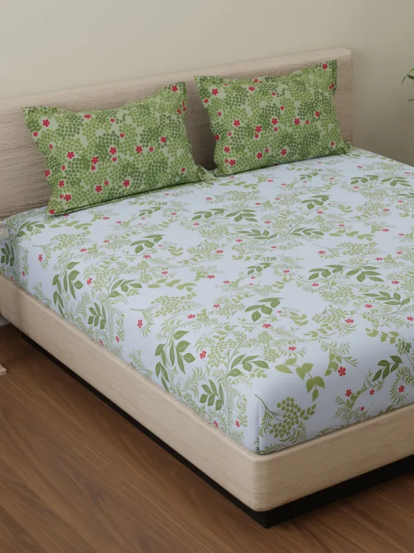 144_TC_Cotton_Bedsheet_for_Double_Bed_with_2_Pillow_Covers_|_Botanical_Bliss_|_White_&_Green
