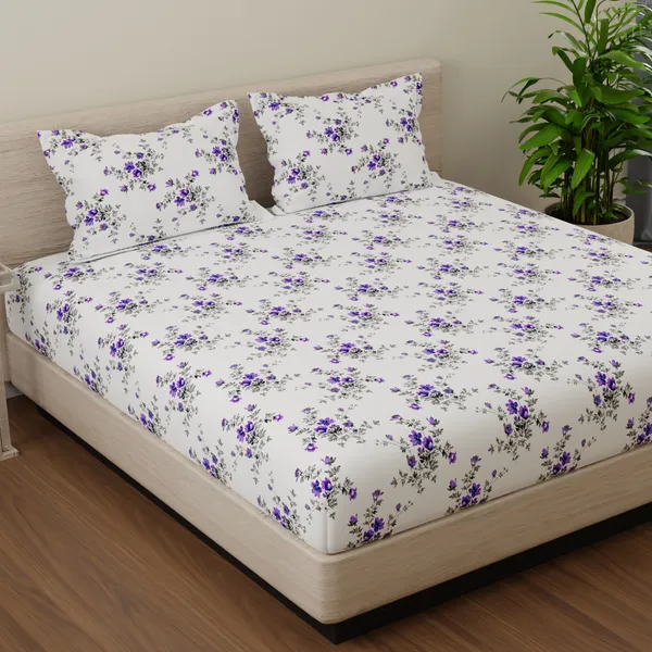 144_TC_Cotton_Bedsheet_for_Double_Bed_with_2_Pillow_Covers_-_White,_Purple