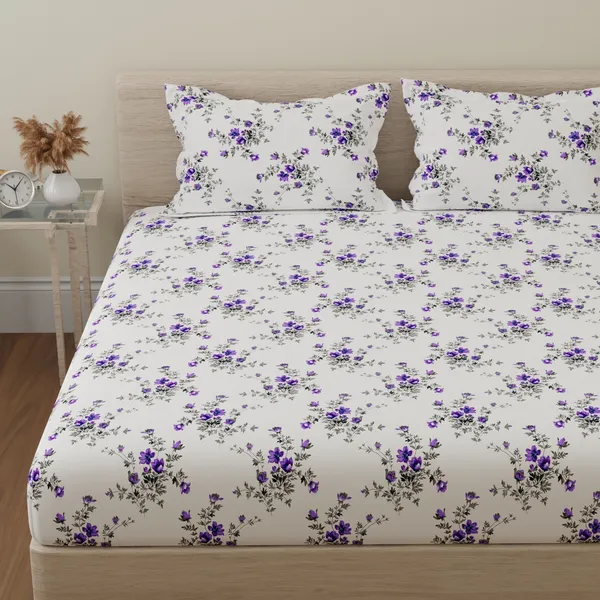 144_TC_Cotton_Bedsheet_for_Double_Bed_with_2_Pillow_Covers_-_White,_Purple